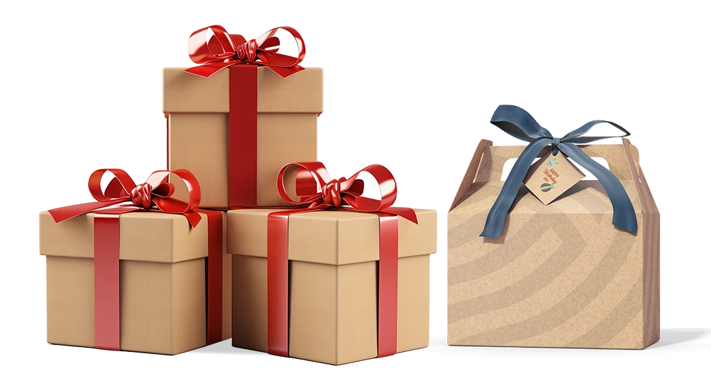 Brown kraft gable boxes with red and blue ribbon bows