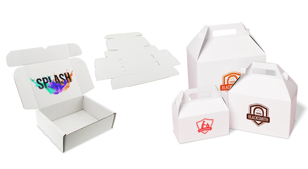 Custom white kraft boxes with logo including mailer and gable styles