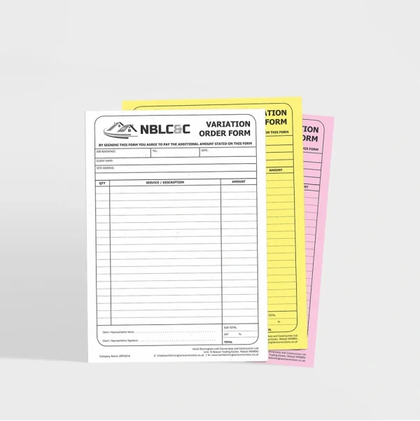 Customized NCR forms with tailored designs, ideal for business documentation and record-keeping.