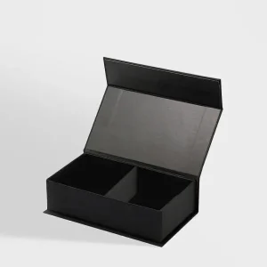 Black magnetic business card box with attached lid and divider
