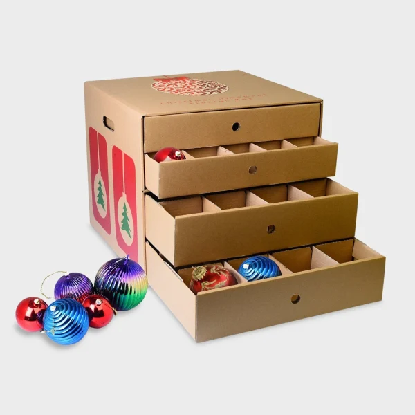 Personalized ornament storage boxes with pull-out trays, featuring compartments for secure holiday decoration storage.