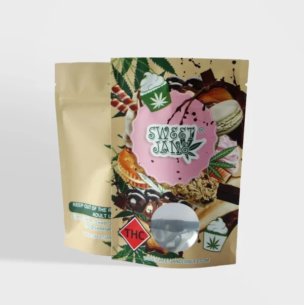 Printed kraft stand-up pouches with custom designs, ideal for food and product packaging.