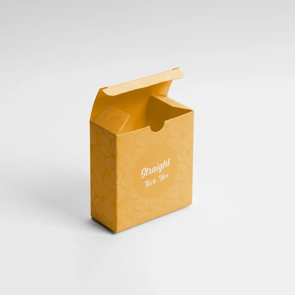 Printed straight tuck end boxes with custom designs and vibrant finishes, ideal for retail and product packaging.